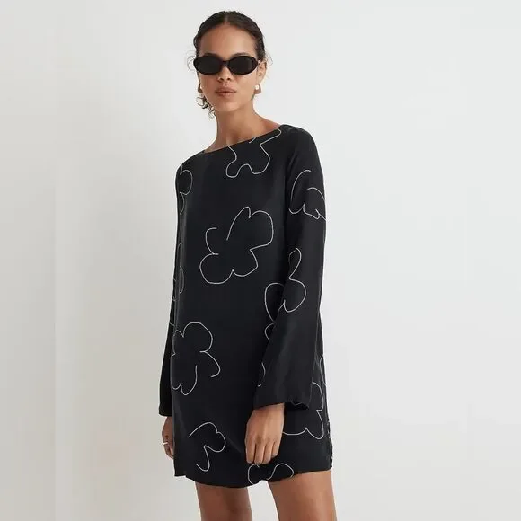 NWT Madewell Shift Long Sleeve Mini Dress in Floral True Black - Picture 2 of 10